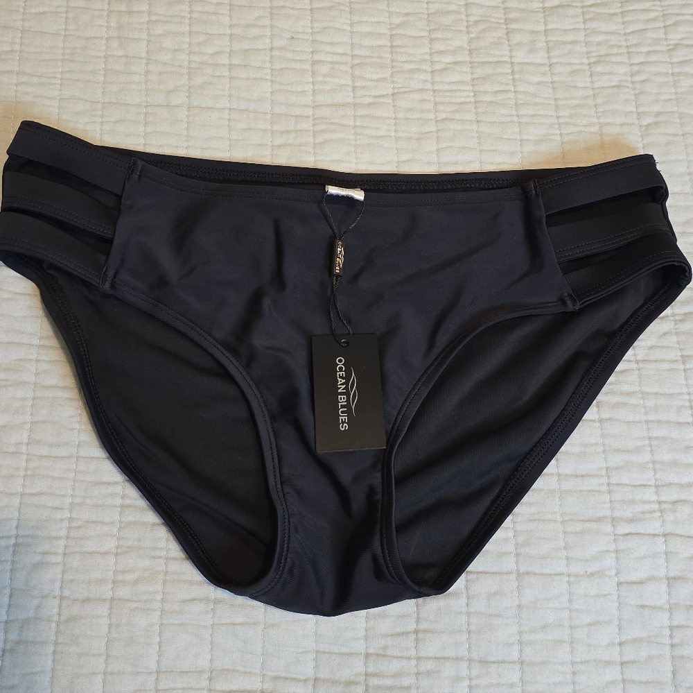 Ocean Blues Strappy Hip Swim Suit Bikini Bottom Black SZ S NWT